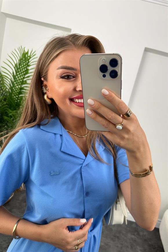 Marka Model Lüx Kalite Polo Yaka Kuşaklı Basic Elbise İndigo Mavi