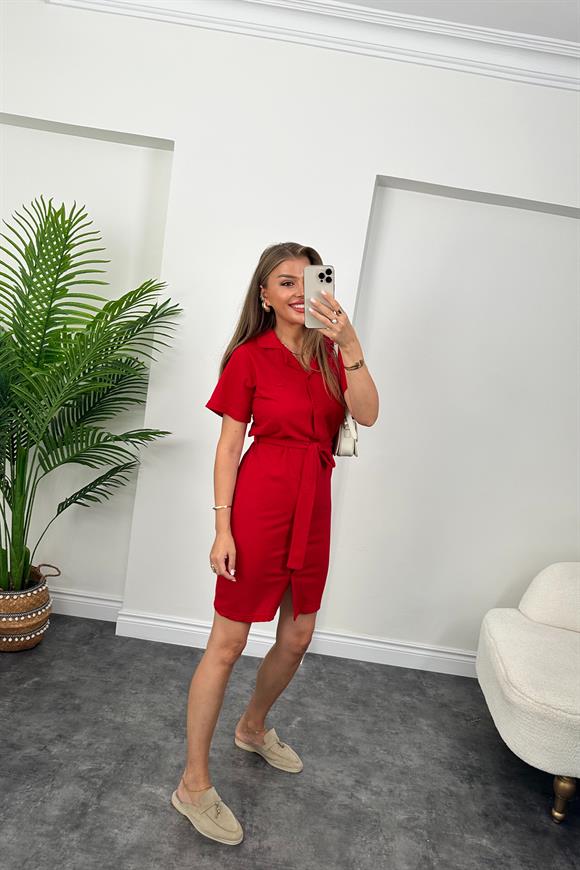 Marka Model Lüx Kalite Polo Yaka Kuşaklı Basic Elbise Kırmızı