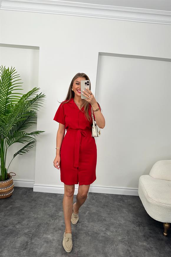 Marka Model Lüx Kalite Polo Yaka Kuşaklı Basic Elbise Kırmızı
