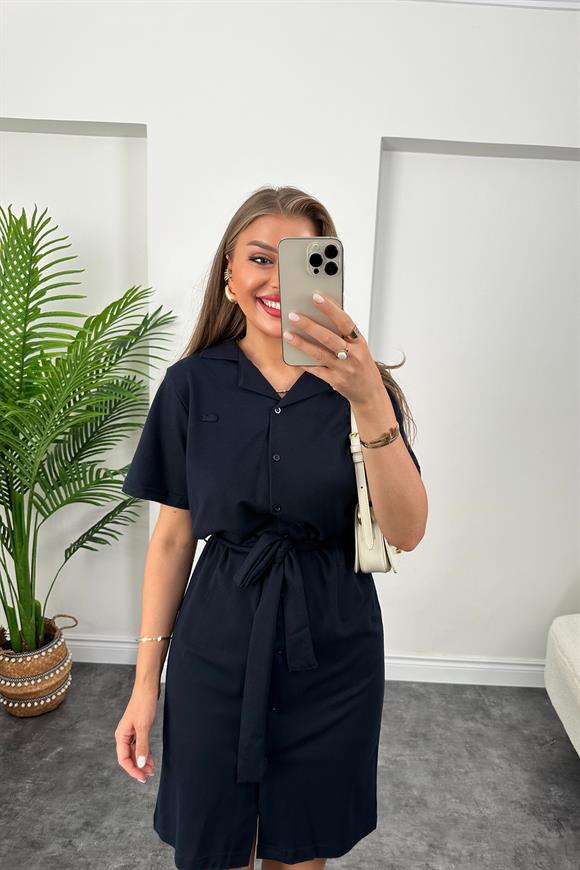 Marka Model Lüx Kalite Polo Yaka Kuşaklı Basic Elbise Lacivert