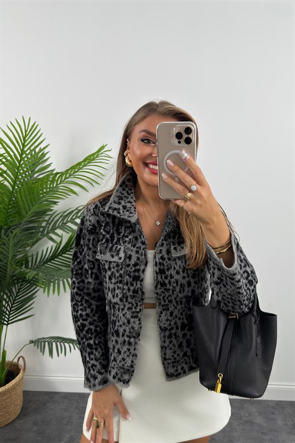 Marka Model Lüx Kalite Polo Yaka Leopar Hırka Siyah Gri