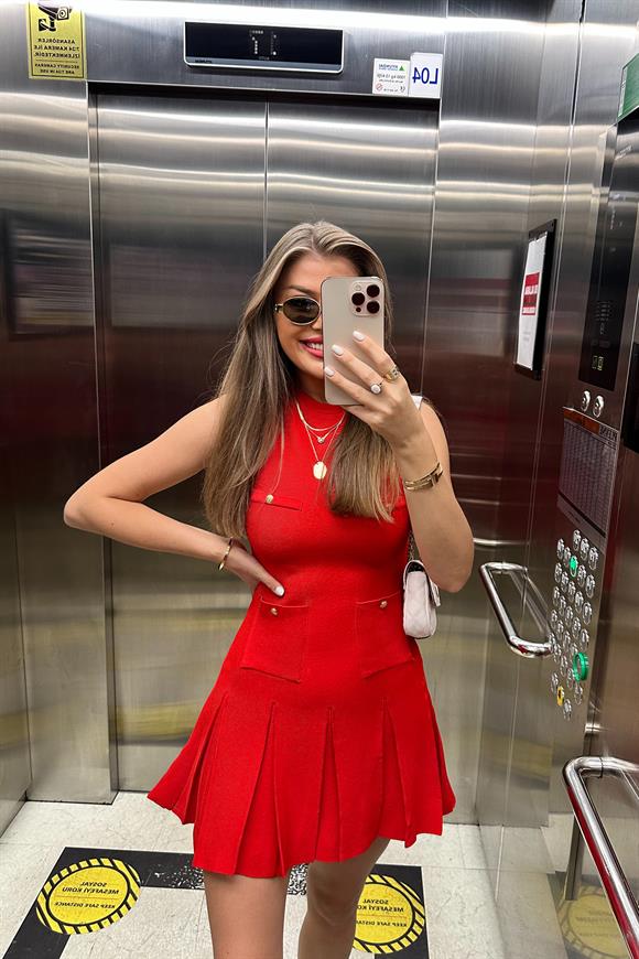 Marka Model Lüx Kalite Tasarım Çelik Triko Elbise Kırmızı