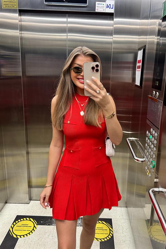 Marka Model Lüx Kalite Tasarım Çelik Triko Elbise Kırmızı