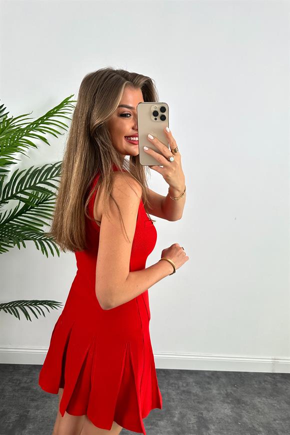 Marka Model Lüx Kalite Tasarım Çelik Triko Elbise Kırmızı