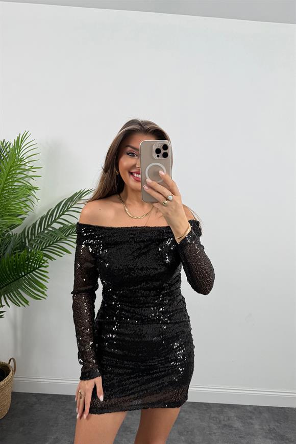 Marka Model Madonna Yaka Mini Payetli Elbise Siyah