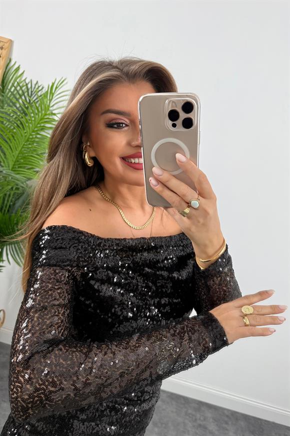 Marka Model Madonna Yaka Mini Payetli Elbise Siyah