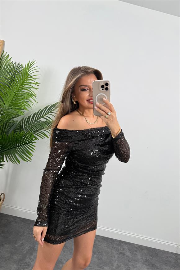 Marka Model Madonna Yaka Mini Payetli Elbise Siyah