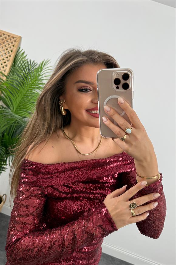 Marka Model Madonna Yaka Mini Payetli Elbise Bordo