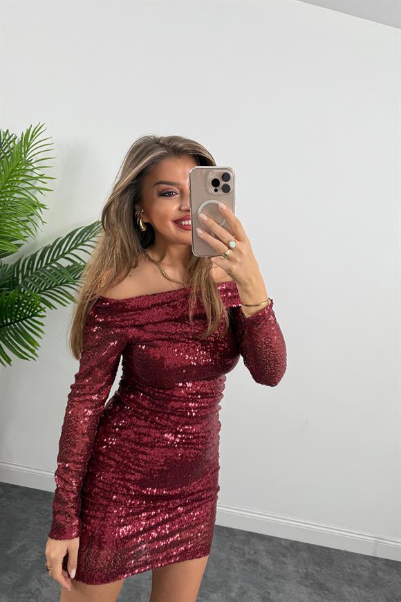 Marka Model Madonna Yaka Mini Payetli Elbise Bordo