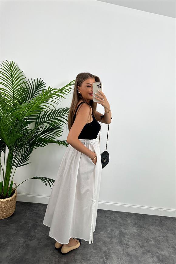 Marka Model Maxi Boy Beli İpli Yırtmaçlı Basic Poplin Etek Beyaz