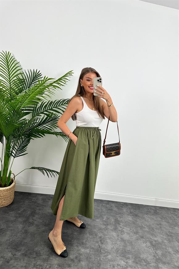 Marka Model Maxi Boy Beli İpli Yırtmaçlı Basic Poplin Etek Haki