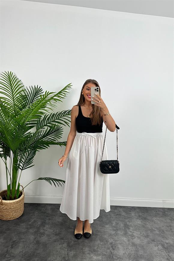 Marka Model Maxi Boy Beli İpli Yırtmaçlı Basic Poplin Etek Beyaz
