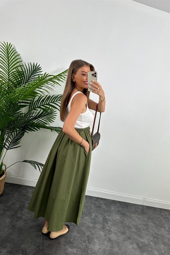 Marka Model Maxi Boy Beli İpli Yırtmaçlı Basic Poplin Etek Haki