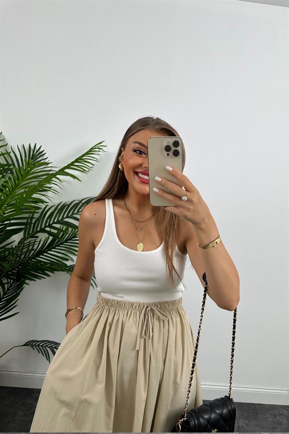 Marka Model Maxi Boy Beli İpli Yırtmaçlı Basic Poplin Etek Bej