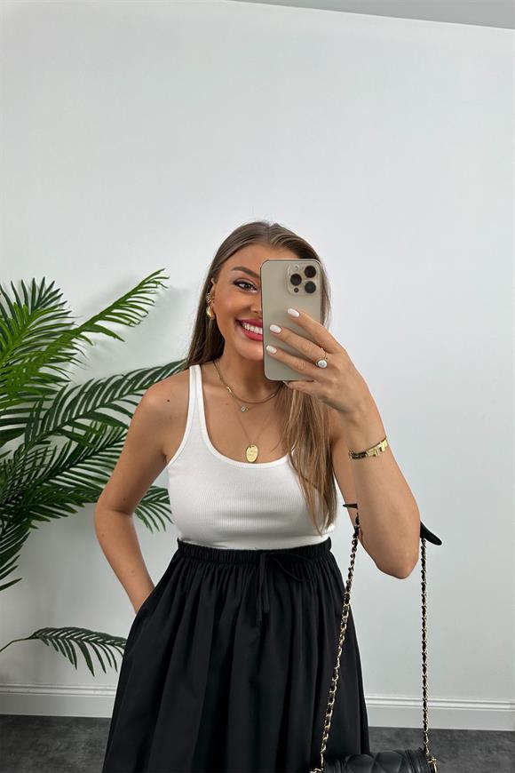 Marka Model Maxi Boy Beli İpli Yırtmaçlı Basic Poplin Etek Siyah