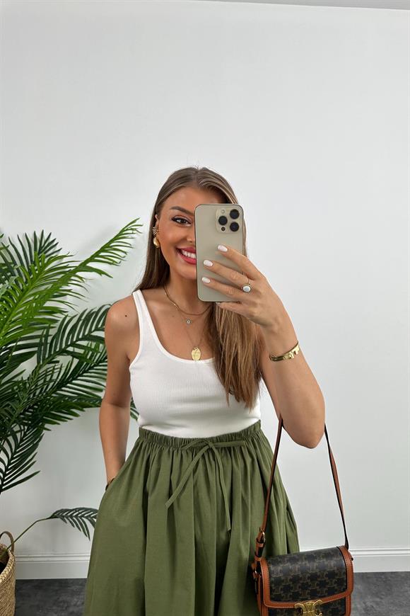 Marka Model Maxi Boy Beli İpli Yırtmaçlı Basic Poplin Etek Haki