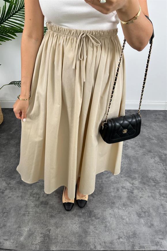 Marka Model Maxi Boy Beli İpli Yırtmaçlı Basic Poplin Etek Bej