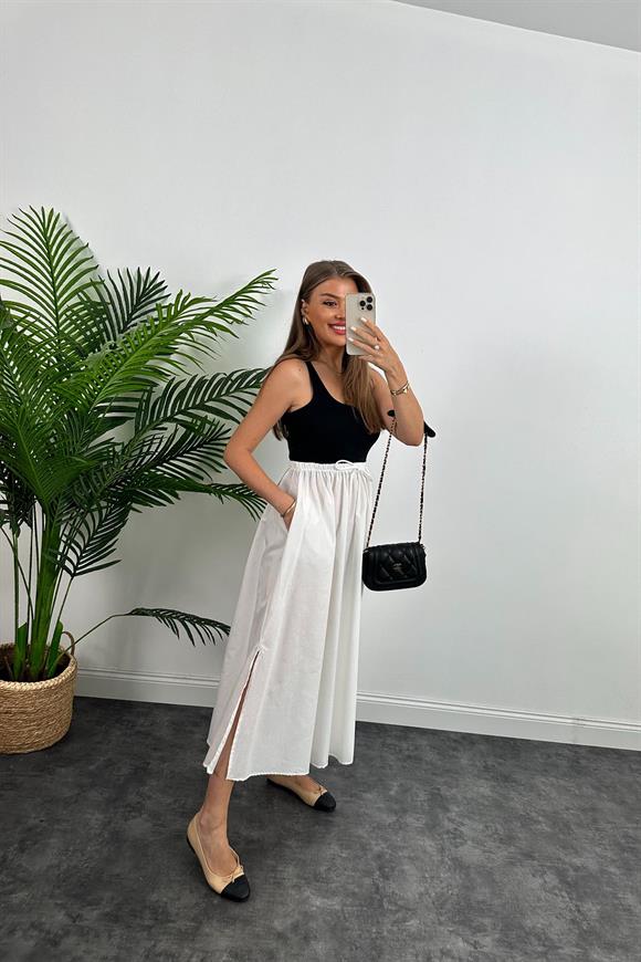 Marka Model Maxi Boy Beli İpli Yırtmaçlı Basic Poplin Etek Beyaz