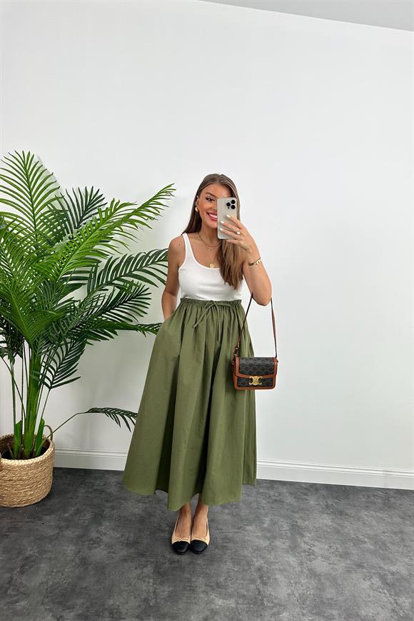 Marka Model Maxi Boy Beli İpli Yırtmaçlı Basic Poplin Etek Haki