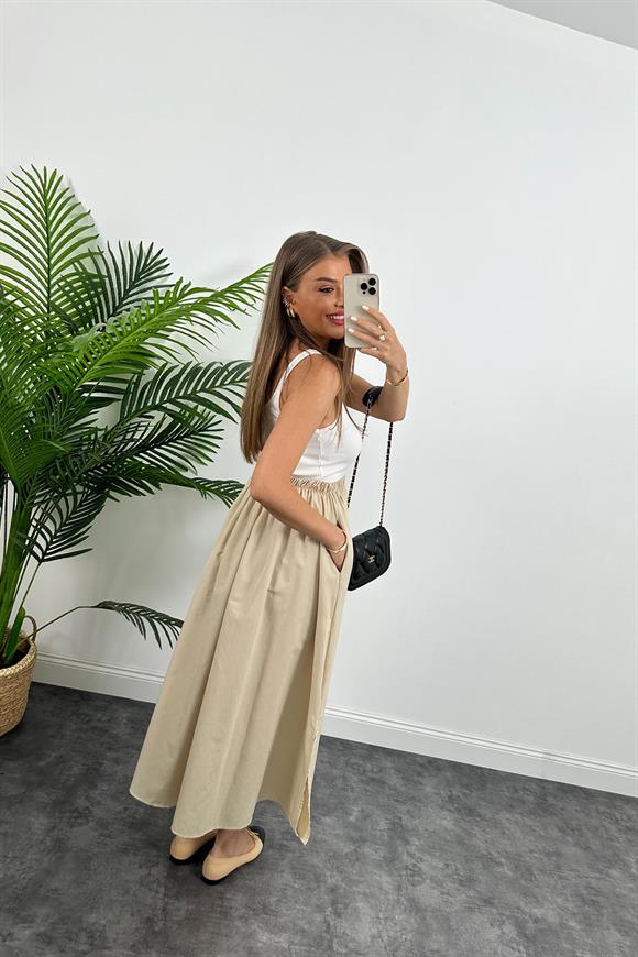 Marka Model Maxi Boy Beli İpli Yırtmaçlı Basic Poplin Etek Bej
