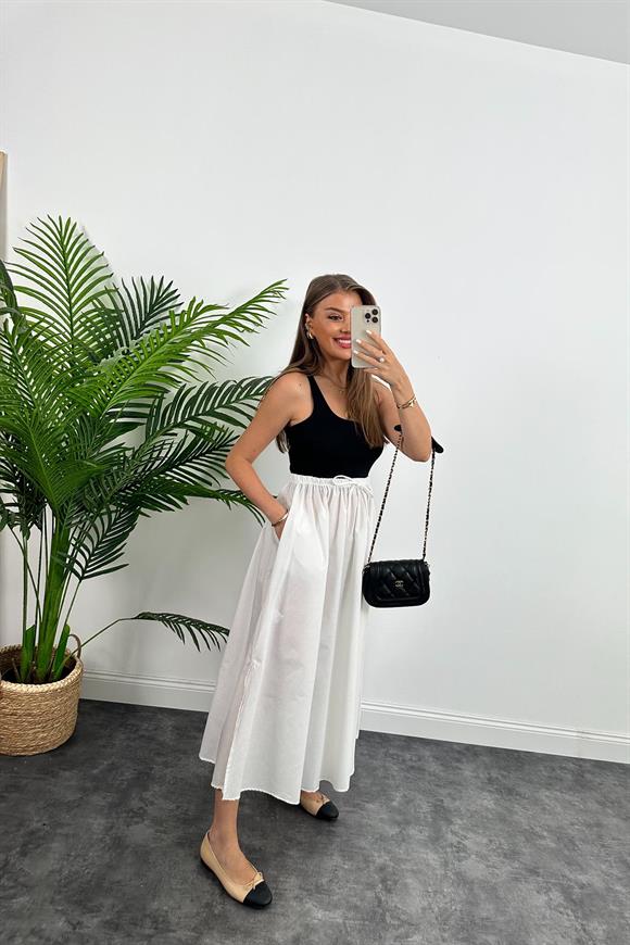 Marka Model Maxi Boy Beli İpli Yırtmaçlı Basic Poplin Etek Beyaz