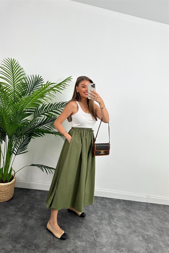 Marka Model Maxi Boy Beli İpli Yırtmaçlı Basic Poplin Etek Haki