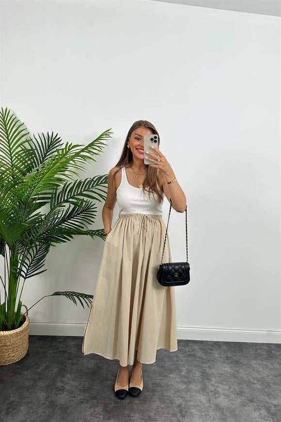 Marka Model Maxi Boy Beli İpli Yırtmaçlı Basic Poplin Etek Bej