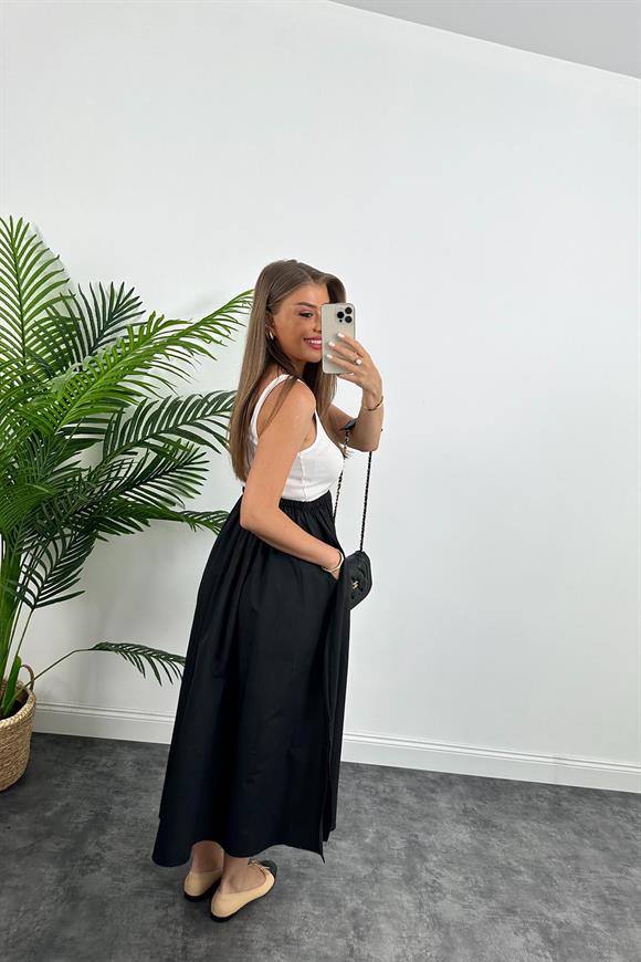 Marka Model Maxi Boy Beli İpli Yırtmaçlı Basic Poplin Etek Siyah