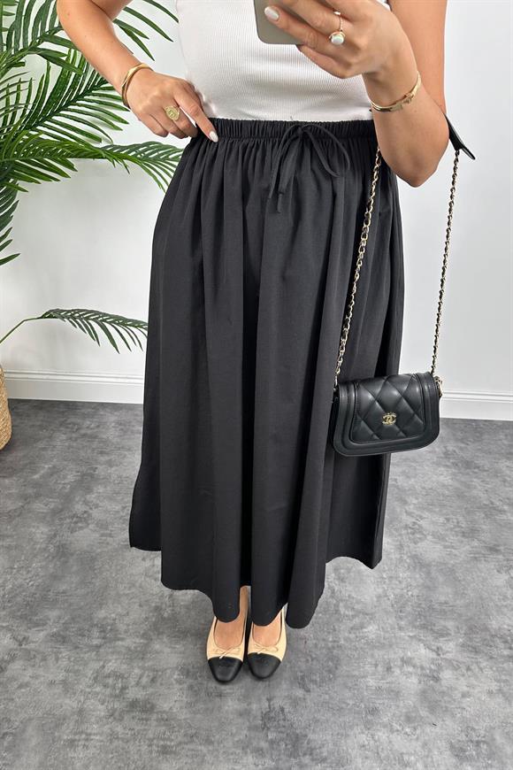 Marka Model Maxi Boy Beli İpli Yırtmaçlı Basic Poplin Etek Siyah