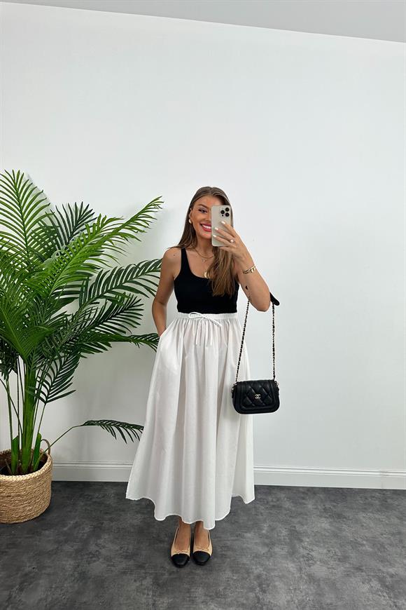 Marka Model Maxi Boy Beli İpli Yırtmaçlı Basic Poplin Etek Beyaz
