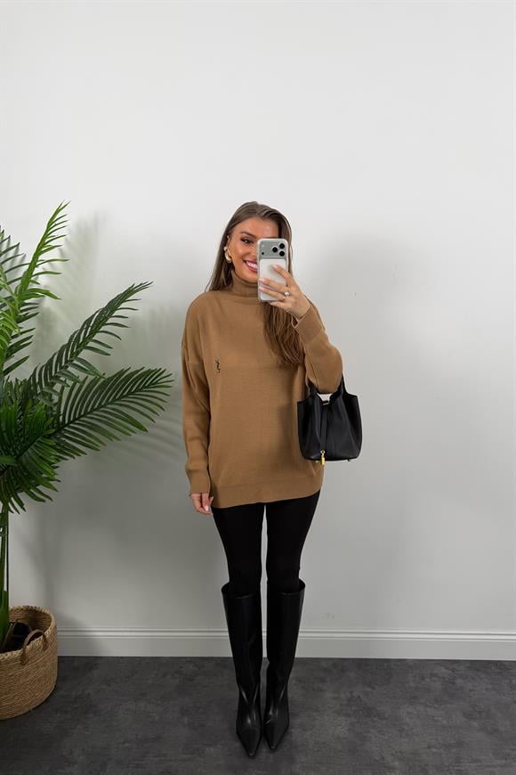 Marka Model Nakışlı Balıkçı Salaş Triko Camel