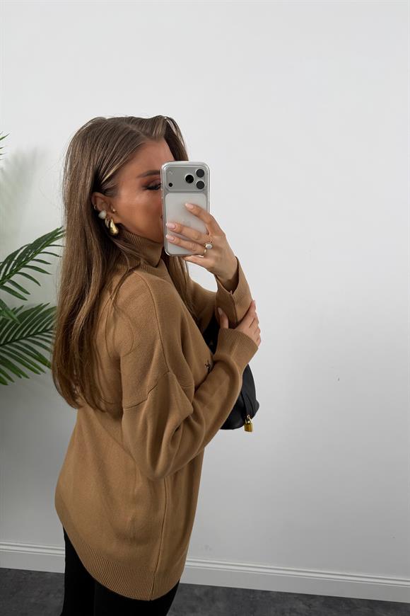 Marka Model Nakışlı Balıkçı Salaş Triko Camel