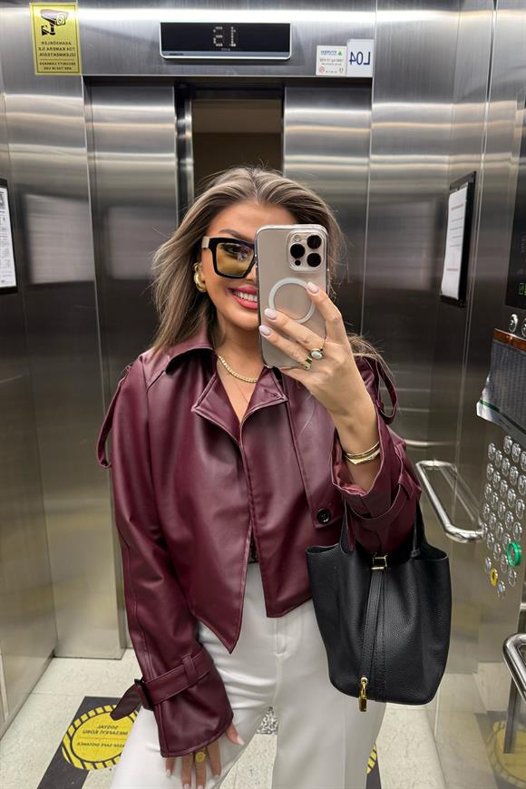 Marka Model Omuzları Apoletli Deri Ceket Bordo