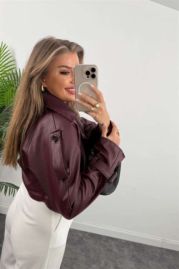 Marka Model Omuzları Apoletli Deri Ceket Bordo