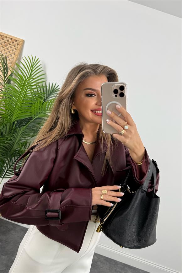 Marka Model Omuzları Apoletli Deri Ceket Bordo