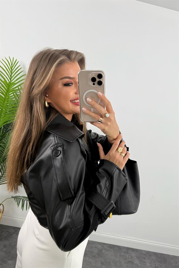 Marka Model Omuzları Apoletli Deri Ceket Siyah