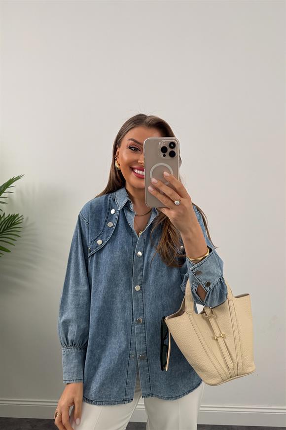 Marka Model Omuzları Düğme Detaylı Tasarım Jean Gömlek