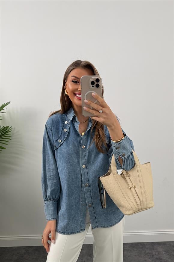 Marka Model Omuzları Düğme Detaylı Tasarım Jean Gömlek