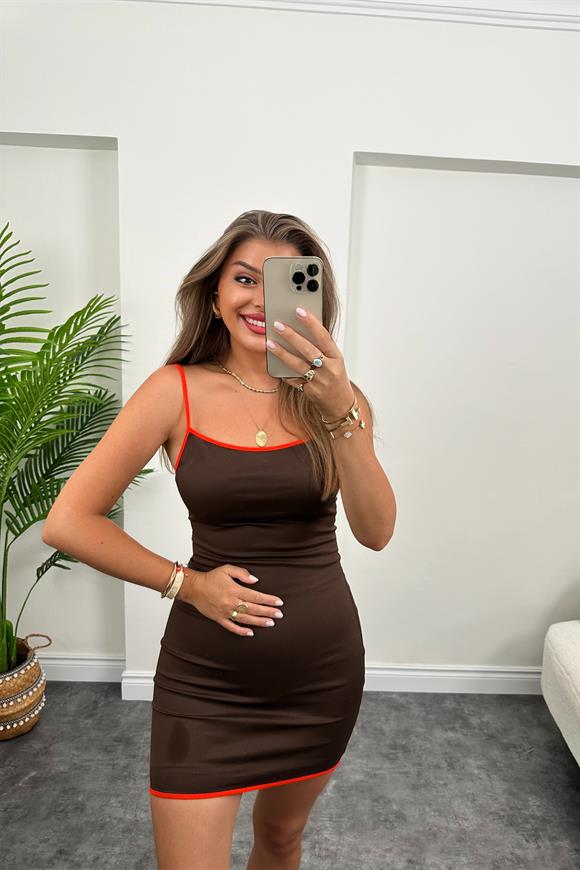 Marka Model Oranj Şeritli Kahve Basic Elbise
