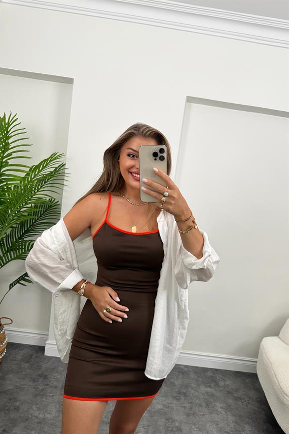 Marka Model Oranj Şeritli Kahve Basic Elbise