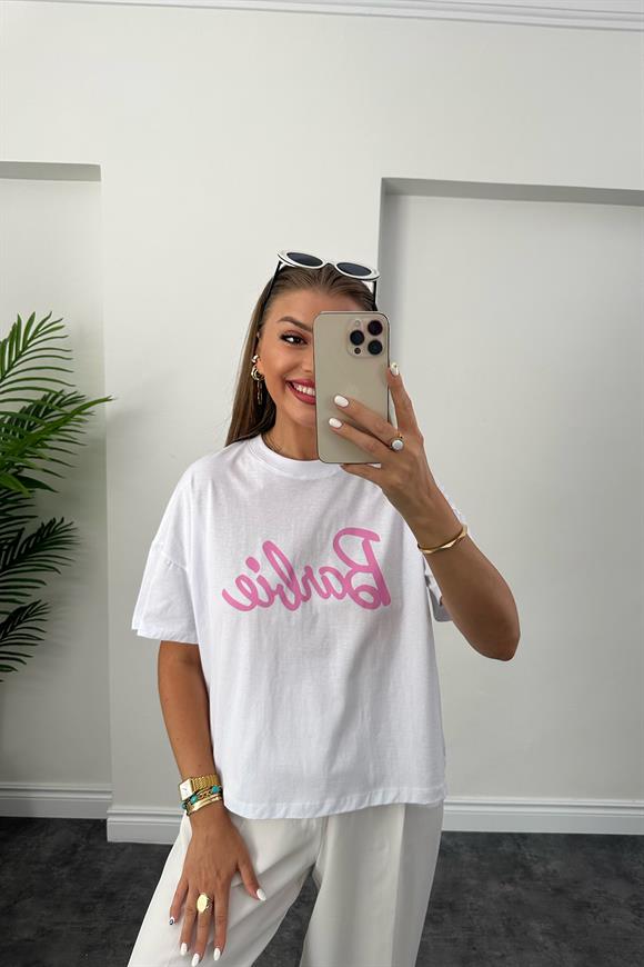 Marka Model Pembe Yazılı Lüx Kalite Basic Pamuklu Tshirt