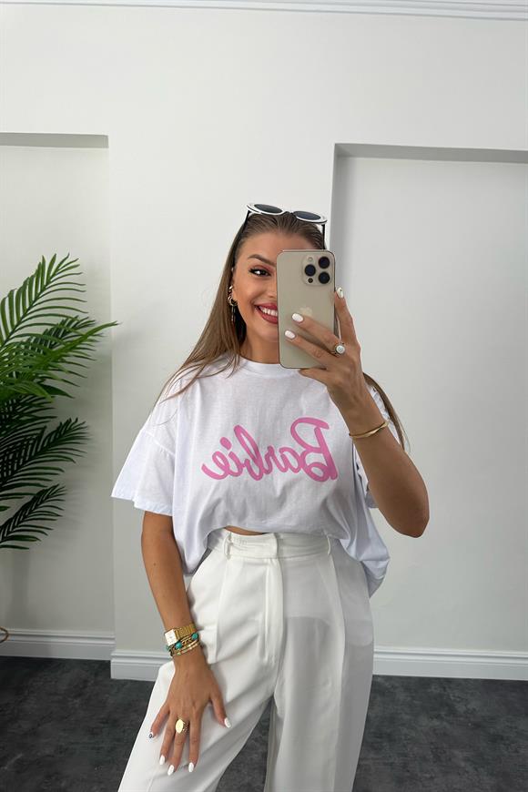 Marka Model Pembe Yazılı Lüx Kalite Basic Pamuklu Tshirt