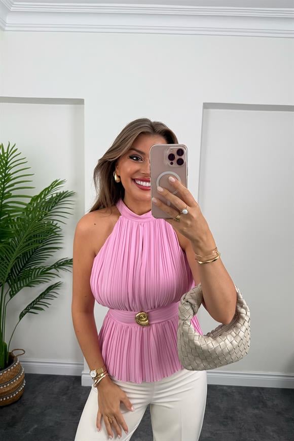 Marka Model Pileli Tasarım Bluz Pembe