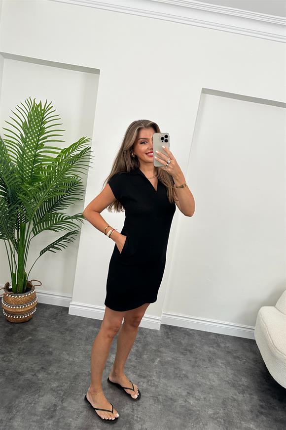 Marka Model Polo Yaka Cepli Basic Elbise Siyah