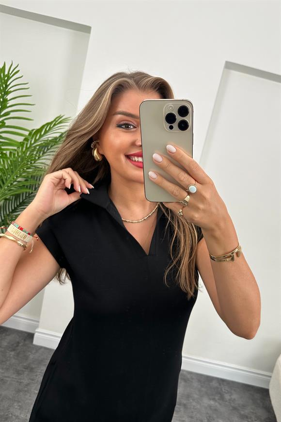 Marka Model Polo Yaka Cepli Basic Elbise Siyah