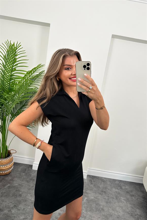 Marka Model Polo Yaka Cepli Basic Elbise Siyah