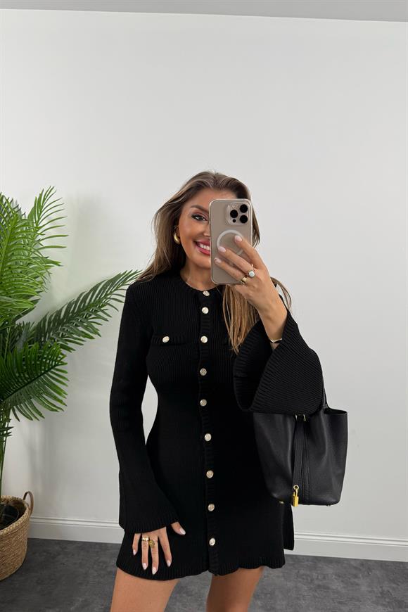 Marka Model Premium Seri Düğmeli Triko Kloş Elbise Siyah