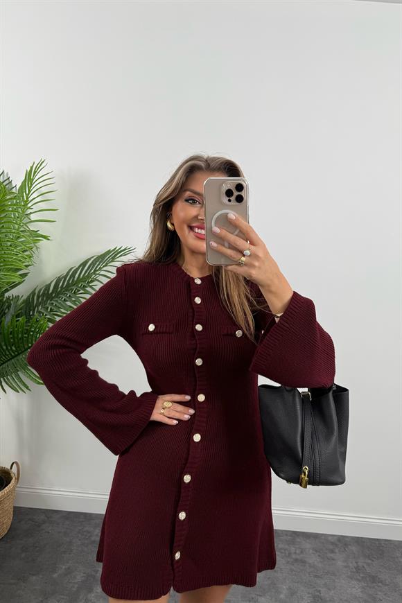Marka Model Premium Seri Düğmeli Triko Kloş Elbise Bordo
