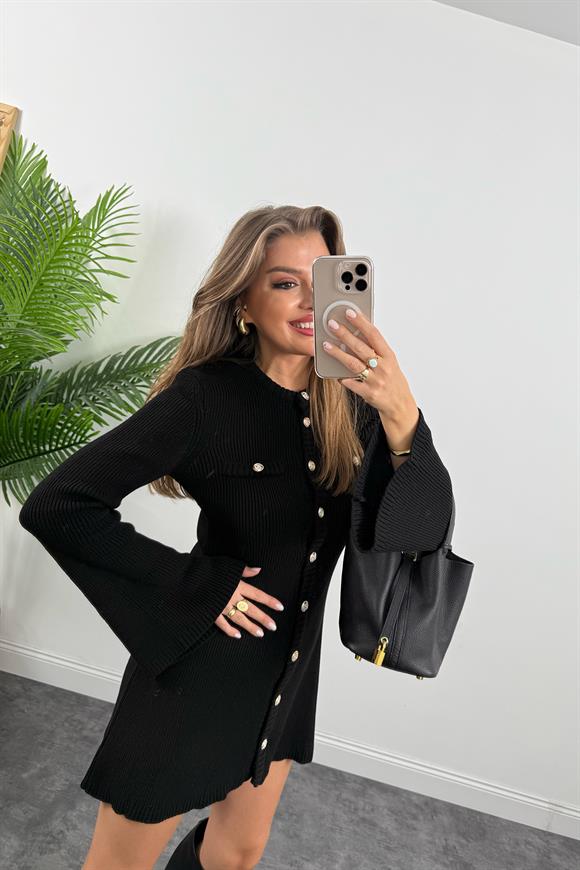 Marka Model Premium Seri Düğmeli Triko Kloş Elbise Siyah