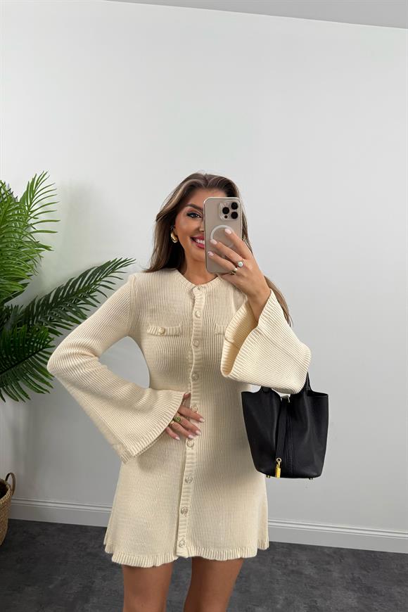 Marka Model Premium Seri Düğmeli Triko Kloş Elbise Taş